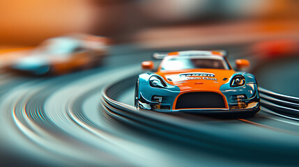 A dynamic close-up of a miniature orange and blue race car speeding along a curved Scalextric track with vibrant colors and motion blur capturing the thrill of high-speed racing.
