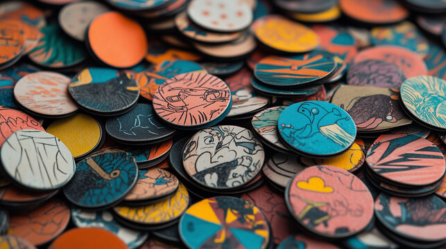 A vibrant assortment of 90s Tazos featuring creative and colorful designs, scattered in a playful arrangement, capturing nostalgic childhood charm and vivid artistic expressions.