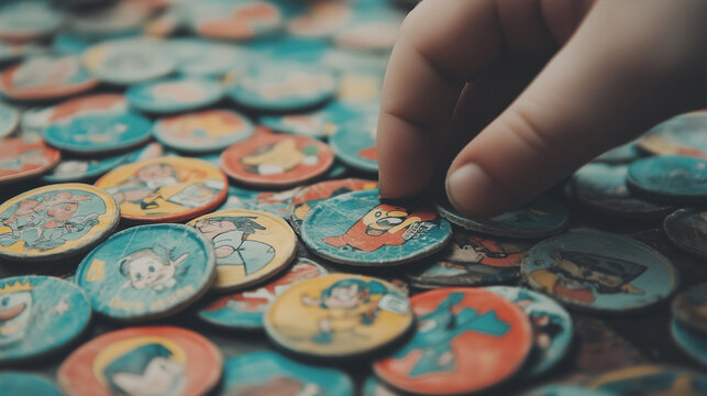 A nostalgic collection of colorful 90s Tazos featuring cartoon characters, scattered across a table, with a hand picking one up, evoking childhood memories and playful charm.