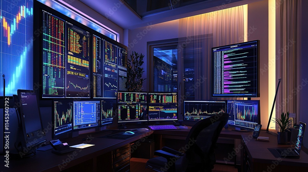 Poster Modern Trader Workspace with Vibrant Stock Charts and Data Displays