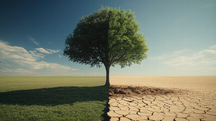 A tree standing in the middle of an empty field, half green grass and half dry, cracked earth