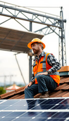 engineer man inspects construction of solar cell panel or photovoltaic cell by electronic device. Industrial Renewable energy of green power. factory worker working on tower roof, papercraft. isolat