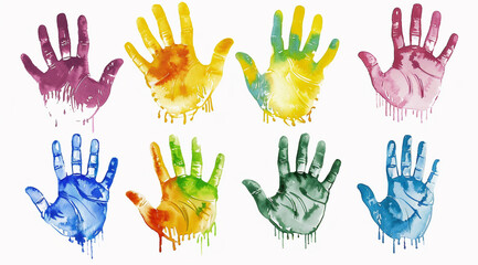 Fototapeta premium Set colorful hand print, paint watercolor isolated on white, clipping