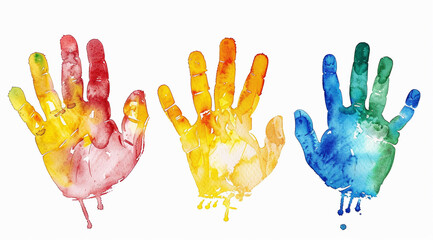 Set colorful hand print, paint watercolor isolated on white, clipping