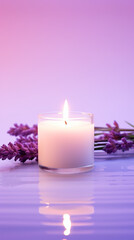 SPA, Zen, white candle in water, lavender gradient effect, transparent, bright colors, minimalist 