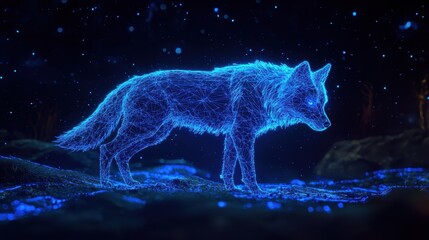 Glowing Blue Wolf in a Starry Night Scene with Digital Effect