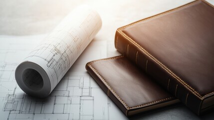 Housing investment demand Concepts. Brown leather books and a rolled blueprint on a textured surface.