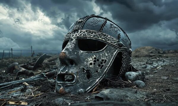 Ancient Viking Helmet on a Battlefield