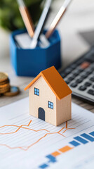 Housing investment demand Concepts. A model house on financial charts with a calculator and stationery in the background.