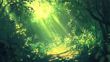 Obraz premium A vibrant morning scene with sunlight cascading through emerald green leaves in a quiet forest 