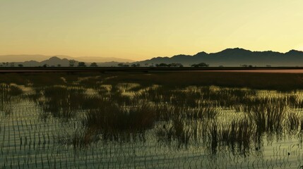 Tranquil Marshland at Dusk with Reflections and Silhouetted Mountains