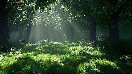 Early sunlight streaming through dense forest foliage casting dappled shadows on the forest floor 