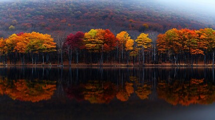 Autumn foliage reflected in still lake.