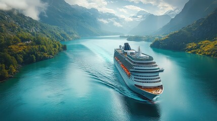 Fototapeta premium Cruise ship sailing through a scenic fjord surrounded by mountains and lush green forests.