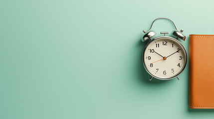 A classic silver alarm clock with a cream face and orange accents sits next to a sleek leather-bound notebook, set against a soft teal background with a minimalistic and timeless design.