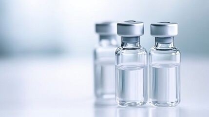 Three clear glass vials filled with liquid, featuring silver caps, set against a softly blurred background.