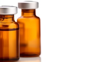Two amber glass vials with silver caps, commonly used for storing medicines or laboratory samples, set against a plain background.