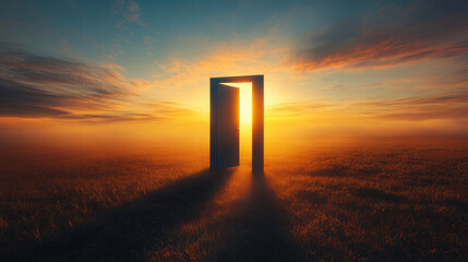 A bright door stands open in the middle of an empty field, with a sunrise and a foggy background