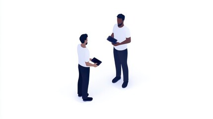 Two individuals in white shirts engage in conversation while holding tablets against a plain, light background.