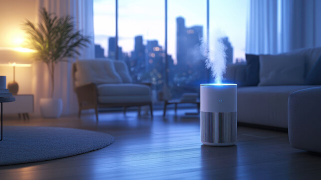Aroma Diffuser with Blue Mist in  Urban Apartment for Home Fragrance Display