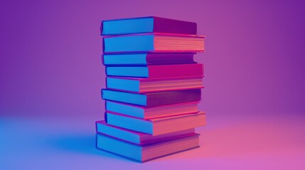 Fototapeta premium Stack of Colorful Books with Vibrant Purple Background and Lighting