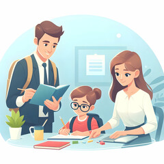 Fototapeta premium Flat Vector Illustration of Parents Supporting Kids on Homework in Glossy Background