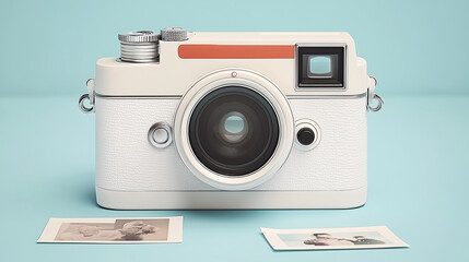 A vintage-style white Polaroid camera with orange accents and two monochrome printed photos placed on a pastel blue surface, evoking a nostalgic and minimalist photography vibe.