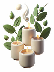 Elegant Eucalyptus Branches with Levitating Aromatherapy Candles on White Background