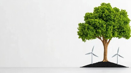 A vibrant green tree stands on soil, flanked by two wind turbines, symbolizing renewable energy and environmental sustainability.