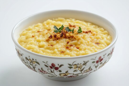 A bowl of daliya dish garnished with herbs and spices.