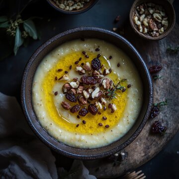 daliya topped with nuts and olive oil, served in a rustic bowl.