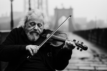 Monochrome portrait of an elderly man with a beard playing the violin on a bridge, evoking emotions...