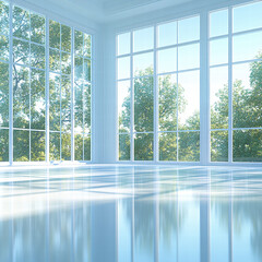 Bright room with large windows and a white ceramic tile floor, sunlight shining through the window onto the floor