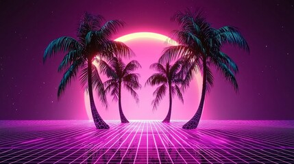 Naklejka premium Retro synthwave landscape with palm trees and a large pink sun.