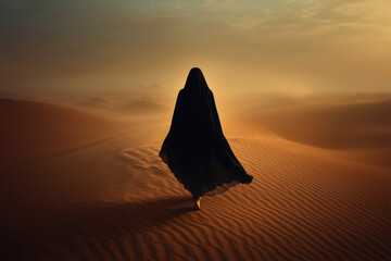 A cloaked figure walks across a desert landscape at sunset, creating a dramatic silhouette against the golden sand dunes. The image evokes a sense of mystery, solitude, and journey.