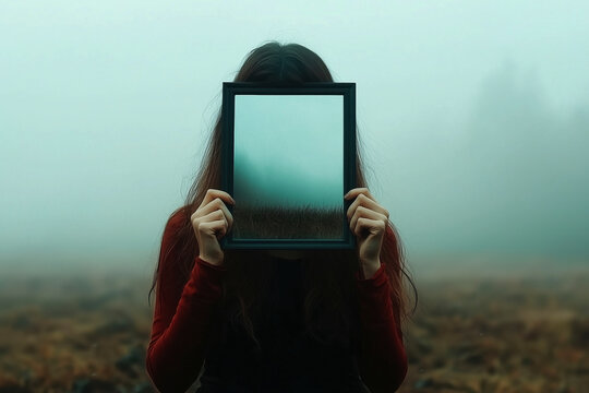 Woman Holding Frame in Misty Landscape: A Visual Poem of Concealment and Identity in Nature's Embrace. Explore themes of mystery, introspection, and the interplay between reality and illusion.