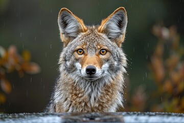 Fototapeta premium A coyote stares intently at the camera, rain drops falling on its fur. The animal's piercing gaze and the blurred background create a dramatic image.