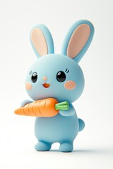Obraz premium Cute pastel blue bunny character holding a bright orange carrot