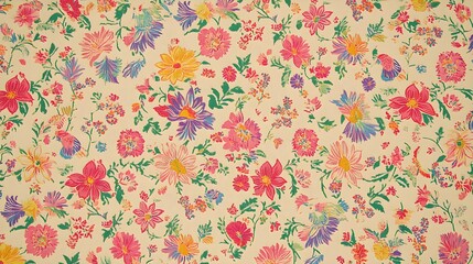A vibrant and colorful pattern featuring tropical birds, flowers, leaves, and other natural elements in bright colors like pink, yellow, green, blue, orange, purple, red, and white on an off-white 