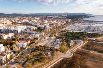 Aerial drone view of Vilanova i la Geltru and Mediterranean sea on sunny winter day, Tarragona, Spain