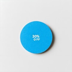 A blue round sticker with the text "30% OFF" in white font on a plain white background