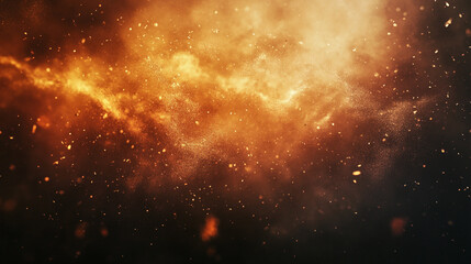 Naklejka premium Golden Sand Explosion on Dark texture, Elegant golden dust floating through the darkness of space with various small particles, Dramatic Orange and brown Dust Cloud with randomized floating particles.