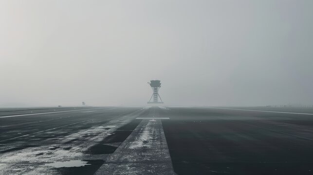 Foggy Airport Runway with Control Tower in Distant Background