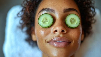 A woman relaxing with cucumber slices on her eyes, enjoying a spa treatment.