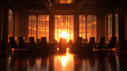 Economic growth strategies analyzing inflation and monetary policy in a corporate boardroom at sunset