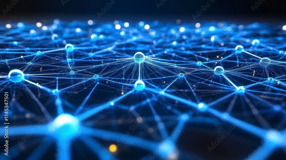 Poster A complex network of interconnected glowing blue nodes and lines against a dark background. This symbolizes data connections, neural networks or other complex systems.