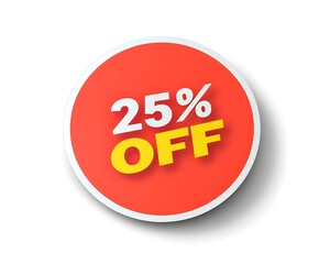 A red circular sticker with the text "25% OFF" in bold yellow font on a plain white background