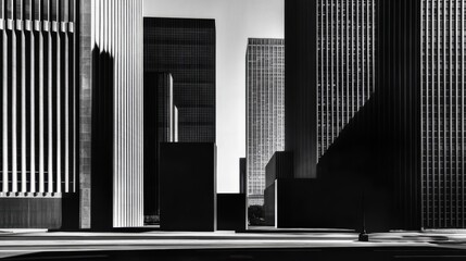 Fototapeta premium Black and White Urban Landscape with Modern Skyscrapers and Shadows