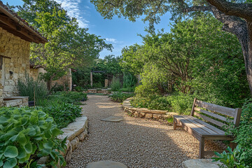 Fototapeta premium the front yard and garden in an upscale home on a manor-like scale, showing stone paths leading to seating areas with benches and greenery around. The space is lush and well-maintained.