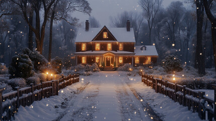 A cozy house on a snowy Christmas night, decorated with festive lights, surrounded by snow-covered trees and an illuminated fence